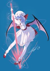  1girl absurdres ascot back_bow bat_wings blue_background blue_hair blush bow brooch collared_shirt commentary_request dated frilled_shirt_collar frilled_skirt frills full_body hair_between_eyes hat hat_ribbon highres holding holding_polearm holding_weapon hoshikage_syo jewelry looking_at_viewer medium_hair mob_cap polearm puffy_short_sleeves puffy_sleeves red_ascot red_bow red_eyes red_shoes remilia_scarlet ribbon shirt shoes short_sleeves signature simple_background skirt skirt_set sleeve_bow socks solo spear spear_the_gungnir touhou weapon white_hat white_shirt white_skirt white_socks wings 