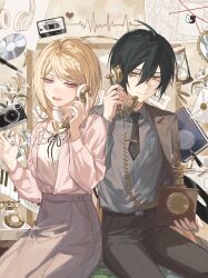  1boy 1girl absurdres ahoge akamatsu_kaede antique_phone belt black_hair black_necktie black_pants blonde_hair book brown_eyes brown_jacket bullet camera cardiogram cassette_tape cd chinese_commentary collared_shirt commentary_request corded_phone danganronpa_(series) danganronpa_v3:_killing_harmony envelope flower fu_ga_(vivi912912) grey_shirt grey_skirt hair_between_eyes hair_ornament headphones heart highres holding holding_phone hourglass instrument jacket key keyboard_(instrument) lapels lily_(flower) magnifying_glass medium_hair mirror monokuma musical_note musical_note_hair_ornament necktie nib_pen_(object) open_clothes open_jacket pants pen phone photo_(object) pink_eyes pink_shirt rotary_phone saihara_shuichi sheet_music shirt shirt_tucked_in shirt_under_shirt short_hair short_necktie sitting skirt tie_clip vinyl_record white_flower white_lily white_shirt 