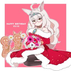  09sdab 1girl ahoge animal_ears biwa_hayahide_(rouge_caroler)_(umamusume) biwa_hayahide_(umamusume) black_pantyhose border bouquet collarbone commentary_request dated dress ear_ornament flower flower_request gingerbread_cookie glasses happy_birthday highres holding holding_bouquet holding_flower horse_ears long_hair notice_lines outline outside_border pantyhose red-framed_eyewear red_dress sleeveless sleeveless_dress smile solo tiara umamusume white_border white_hair white_outline 