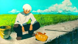  1boy bag_of_chips blue_sky closed_mouth collared_shirt crayfish crossed_bangs dark-skinned_male dark_skin dot_nose expressionless field fishing_rod grass hair_between_eyes highres jimini_shijimi long_sleeves original outdoors shirt short_hair sky solo squatting white-haired_man_(jimini_shijimi) white_hair white_shirt 