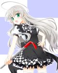  checkered checkered_skirt crowbar green_eyes haiyore!_nyaruko-san hiyori nyarlathotep_(nyaruko-san) open_mouth ribbon silver_hair skirt thigh-highs thighhighs 