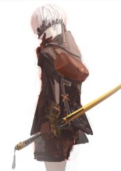  1boy 9s_(nier:automata) absurdres arm_up bag belt belt_buckle black_coat black_gloves black_shorts blindfold brown_bag buckle coat commentary covering_own_mouth english_commentary gloves hand_over_own_mouth highres holding holding_sword holding_weapon hood hood_down hooded_coat jolseon katana long_sleeves male_focus nier:automata nier_(series) short_hair shorts simple_background solo standing sword weapon white_background white_hair wrist_belt 
