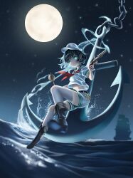  1girl absurdres anchor anchor_symbol aqua_eyes belt black_belt black_boots black_hair boots chain collared_shirt expressionless floating floating_clothes full_body full_moon glowing glowing_eyes gold_chain gun hat highres holding holding_gun holding_ladle holding_weapon kneehighs ladle liefeng_dm looking_at_viewer midriff moon murasa_minamitsu neckerchief night ocean outdoors red_neckerchief sailor_hat ship shirt short_hair short_sleeves shorts sky socks solo star_(sky) touhou wallet_chain water watercraft weapon white_hat white_shirt white_shorts white_socks 