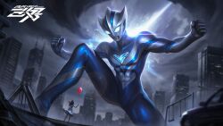  1boy 1girl 3ok abs absurdres alien artist_name balloon black_hair blue_eyes blue_skin blurry building car city cityscape clenched_hands collarbone color_timer colored_skin commentary compound_eyes depth_of_field dorsal_fin dress energy_beam english_commentary giant giant_male glint glowing glowing_eyes hand_up highres holding holding_balloon knee_up legs_apart long_hair looking_down medium_dress motor_vehicle multicolored_skin no_pupils non-circular_lens_flare on_one_knee outdoors outstretched_arms pectorals pointy_ears protecting shielding silver_skin sleeveless sleeveless_dress slide solo_focus spread_arms swing_set tokusatsu toned toned_male two-tone_skin ultra_series ultraman_teo ultraman_teo_(series) white_dress wormhole wrinkled_skin 