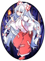  1girl absurdres bamboo bamboo_forest bow breasts closed_mouth collared_shirt combat2000_(kuroneko) commentary_request fire forest fujiwara_no_mokou full_body hair_bow highres long_hair long_sleeves nature pants pyrokinesis red_eyes red_pants shirt smile solo suspenders touhou very_long_hair white_bow white_hair white_shirt 