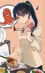  1girl bento black_hair cherry_tomato chopsticks food food_art grin hair_ribbon highres holding holding_bento holding_chopsticks houshou_(kancolle) kantai_collection long_hair long_sleeves musical_note omelet open_mouth ponytail ribbon rice sausage smile tako-san_wiener tamagoyaki tomato yukiwanko 