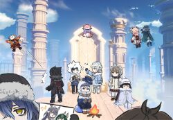  3boys 6+girls ^^^ alternate_costume black_hair blue_eyes boots brown_hair brown_mittens campfire celaeno_(genshin_impact) cloak columbina_(genshin_impact) commentary cup day deformed drawing_(object) english_commentary eye_mask fire flins_(genshin_impact) flying fur-trimmed_headwear fur_trim furina_(genshin_impact) game_screenshot_background gate genshin_impact green_hair grey_hair hair_between_eyes hand_in_pocket hat head_wings highres holding holding_cup hood hood_up jacket kaedehara_kazuha knocking lauma_(genshin_impact) linnea_(genshin_impact) long_hair long_sleeves looking_at_another looking_at_object looking_at_viewer mask mittens motion_lines multicolored_hair multiple_boys multiple_girls nefer_(genshin_impact) outdoors pink_hair purple_hair red_hair sandrone_(genshin_impact) scarf screenshot_background shenhe_(genshin_impact) sitting skirt smile standing two-tone_hair very_long_hair wings winter_clothes wriothesley_(genshin_impact) xinzoruo yae_miko yae_miko_(fox) yelan_(genshin_impact) yellow_eyes 