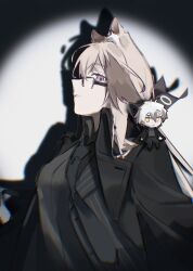  1girl absurdres adnachiel_(arknights) adnachiel_(traceless_walker)_(arknights) alternate_costume animal_ear_fluff animal_ears arknights bespectacled black_jacket black_necktie black_shirt brown_hair brown_streaks cardigan_(arknights) chibi chibi_on_shoulder dog_ears dog_girl genieko glasses highres jacket long_hair multicolored_hair necktie open_clothes open_jacket over-rim_eyewear semi-rimless_eyewear shadow shirt simple_background solo spotlight streaked_hair upper_body white_background 