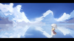  1girl arukiru blonde_hair blue_sky clouds comet dress facing_away from_behind full_body holding holding_umbrella juliet_sleeves letterboxed long_hair long_sleeves outdoors puffy_sleeves purple_tabard reflection ripples scenery sky solo standing star_(sky) starry_sky tabard touhou umbrella white_dress wide_shot yakumo_yukari 