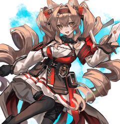  1girl :d absurdres angelina_(arknights) angelina_the_mellow_wish_(arknights) animal_ear_fluff animal_ears arknights black_collar black_gloves black_hairband black_thighhighs breasts brown_eyes brown_hair collar detached_sleeves dress earpiece feet_out_of_frame fox_ears fox_girl gloves hair_between_eyes hairband hand_up highres holding holding_letter infection_monitor_(arknights) large_breasts letter long_hair long_sleeves looking_at_viewer multicolored_hairband open_mouth smile solo standing thigh-highs twintails two-tone_hairband uuuu_(xinguwu) very_long_hair white_dress 