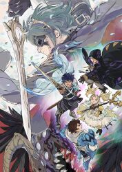  2girls 3boys armor belt blonde_hair blue_eyes blue_hair book boots brown_hair cape chrom_(fire_emblem) dress falchion_(fire_emblem) fire_emblem fire_emblem_awakening frederick_(fire_emblem) grima_(dragon)_(fire_emblem) highres holding holding_book holding_staff hooded_robe lissa_(fire_emblem) lucina_(fire_emblem) male_robin_(fire_emblem) mask multiple_boys multiple_girls rikoicoico robe sheath short_hair staff sword tiara twintails weapon 