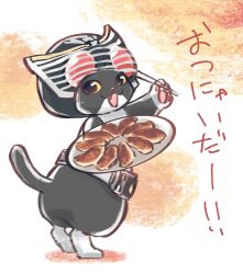  animal_focus artist_name cat chopsticks commentary_request dated dumpling fang food full_body highres holding holding_chopsticks holding_plate jiaozi kamen_rider kamen_rider_ryuki kamen_rider_ryuki_(series) looking_at_viewer no_humans open_mouth plate rider_belt tonteki555 translation_request v_buckle 