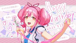  1girl blue_necktie flower hair_ribbon happy_birthday holding holding_flower looking_at_viewer macross macross_delta makina_nakajima necktie open_mouth orange_eyes pink_hair pink_ribbon ribbon short_sleeves short_twintails solo twintails utari walkure_(macross_delta) 
