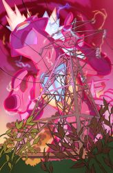  absurdres colored_tongue colorful_clouds commentary dynamax electricity embers english_commentary gigantamax gigantamax_toxtricity highres jamie_loughran leaf open_mouth outdoors plant pokemon pokemon_(creature) pokemon_focus power_lines purple_tongue red_sky sky smoke solo tongue tongue_out toxtricity transmission_tower 