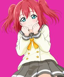  1girl aqua_eyes blush clenched_hands commentary_request highres kurosawa_ruby light_smile long_sleeves looking_at_viewer love_live! love_live!_sunshine!! pink_background red_hair ribbon rinne_0713 school_uniform short_hair solo twintails uranohoshi_school_uniform yellow_ribbon 