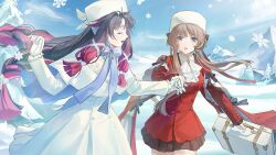  2girls absurdres aji_11300913 ascot black_hair black_ribbon black_skirt blue_eyes blue_ribbon brown_hair capelet closed_eyes coat columbina_(genshin_impact) commentary_request cowboy_shot dress eye_mask frilled_sleeves frills fur-trimmed_sleeves fur_trim genshin_impact gloves hair_ribbon hand_up highres holding holding_hands holding_suitcase long_sleeves mask mountain multicolored_hair multiple_girls open_mouth parted_lips red_coat ribbon sandrone_(genshin_impact) skirt smile snowflakes snowing suitcase tree two-tone_hair white_ascot white_capelet white_dress white_gloves wide_sleeves winter_clothes winter_coat 