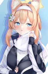  1girl aki_tsune animal_ear_fluff animal_ears black_jacket blue_archive blue_eyes cat_ears cat_girl flower hair_flower hair_ornament hairband halo highres holding holding_towel jacket mari_(blue_archive) mari_(track)_(blue_archive) medium_hair official_alternate_costume open_clothes open_jacket orange_hair shirt solo towel white_flower white_hairband white_shirt yellow_halo 