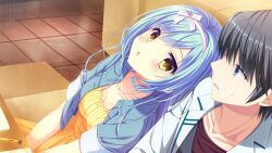  1boy 1girl black_hair blue_eyes blue_hair blue_jacket bow_hairband brown_shirt collarbone couch cropped_jacket da_capo da_capo_iv dress dutch_angle facing_up from_above game_asset grey_vest hairband head_on_another's_shoulder highres hinohara_chiyoko indoors jacket long_hair looking_at_another looking_to_the_side non-web_source note on_bench open_mouth orange_dress pen profile self-datamine shirt short_sleeves side-by-side sitting sweatdrop table tanihara_natsuki tile_floor tiles tokisaka_ichito v_arms vest white_jacket yellow_eyes 