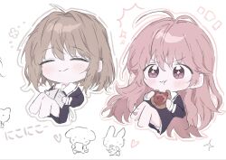  +_+ 2girls blush book brown_hair closed_eyes co0ifcjy collar cookie dress eating food heart highres kagari_mimi kimi_ga_shinu_made_koi_wo_shitai long_hair medium_hair multiple_girls pink_hair sailor_collar sailor_dress sleeve_cuffs smile sparkling_eyes totsuki_shiina violet_eyes white_collar white_sailor_collar 