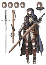  1girl absurdres angry armor belt belt_buckle black_belt blue_cloak blush braid breastplate brown_belt buckle chain chain_necklace chainmail clenched_teeth cloak closed_eyes closed_mouth commentary_request cropped_head cropped_shoulders facing_to_the_side full_body gauntlets greatsword grey_hair hair_ornament hair_scrunchie hand_up highres holding holding_sheath holding_sword holding_weapon hood hood_up jewelry jun_(navigavi) knee_armor knee_guards korean_commentary leather_armor leg_armor long_hair looking_to_the_side making-of_available multiple_expressions multiple_views necklace nose open_mouth original pants parted_lips partially_unbuttoned pauldrons red_eyes reference_sheet sabaton sad scabbard scrunchie sheath sheathed shoulder_armor side_braids simple_background smile standing sword teeth thigh_armor twin_braids unsheathed weapon white_background white_pants yellow_scrunchie zweihander zweihander_(navigavi) 