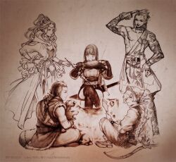  2boys 3girls ancient_greek_clothes arm_tattoo arm_up artist_collaboration artist_name asymmetrical_hair bare_shoulders belt belt_buckle boned_meat boots bow_(weapon) bracelet breasts buckle campfire cape character_request check_clothing check_copyright chiton closed_eyes closed_mouth clothing_request collarbone collared_shirt commentary_request copyright_request crossed_legs dated dog dot_nose dress eating elbow_gloves facing_another fake_claws fantasy feet_out_of_frame food forehead_jewel from_behind from_side full_body fur-trimmed_vest fur_trim gg_koki gloves greco-roman_clothes hair_ornament hair_tie hairband hand_on_own_hip hand_up hands_up holding holding_food holding_skewer ito_(silva) jewelry jun_(navigavi) lips long_hair looking_to_the_side meat monochrome multiple_boys multiple_bracelets multiple_girls nishi nose open_mouth original pants paper_background pointy_ears ponytail scabbard sheath sheathed shirt shoes shorts sidecut sitting skewer small_breasts standing sword tattoo teru_(bluecielo) thigh_boots toned toned_male undercut vest weapon 