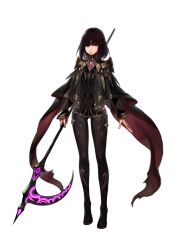  1girl absurdres arm_at_side black_bodysuit black_cape black_jacket bodysuit brown_eyes brown_hair cape closed_mouth collared_cape commentary_request expressionless full_body highres holding holding_scythe jacket jun_(navigavi) korean_commentary lips looking_at_viewer medium_hair nose original scythe simple_background solo standing white_background 