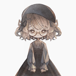  1girl beret black_hat black_skirt bow bowtie brown_eyes brown_hair buttons clenched_hands closed_mouth collared_shirt commentary curly_hair frilled_shirt frilled_sleeves frills glass glasses grey_shirt hair_bow hat highres lace-trimmed_shirt lace-trimmed_shirt_collar lace-trimmed_sleeves lace_trim long_sleeves naiguozi original puffy_long_sleeves puffy_sleeves round_eyewear shirt skirt suspender_skirt suspenders two_side_up untranslatable_commentary watercolor_effect white_bow white_bowtie 