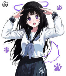  1girl black_hair black_sailor_collar black_skirt blush breasts chitanda_eru commentary_request drawn_ears drawn_tail hyouka kamiyama_high_school_uniform_(hyouka) large_breasts long_hair looking_at_viewer mery_(yangmalgage) neckerchief open_mouth purple_neckerchief sailor_collar school_uniform shirt simple_background skirt solo violet_eyes white_background white_shirt 