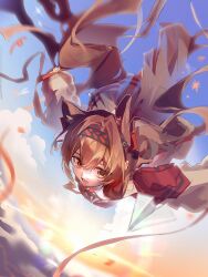  1girl angelina_(arknights) angelina_the_mellow_wish_(arknights) animal_ear_fluff animal_ears arknights black_hairband blurry brown_eyes brown_hair chinese_commentary clouds commentary_request falling floating_hair fox_ears fox_girl hair_between_eyes hairband highres long_hair long_sleeves looking_at_viewer midair open_mouth outdoors paper_airplane san_mei_liangbaikai sky smile solo sun twintails upside-down very_long_hair 