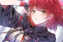  1girl arknights arm_up black_gloves black_jacket blush commentary_request cross cross_earrings earrings exusiai_(arknights) exusiai_the_new_covenant_(arknights) fingerless_gloves gloves highres jacket jewelry looking_at_viewer medium_hair official_alternate_costume orange_eyes parted_lips partial_commentary red_hair rinereeto solo upper_body 