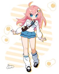  ahoge artist_name bag black_shoes blue_eyes blue_nails blue_ribbon blue_skirt blush blush_stickers brown_bag closed_mouth commentary crossed_bangs draw_this_in_your_style_challenge drop_shadow egg_(food) egg_hair_ornament english_commentary eyelashes fingernails food food-themed_hair_ornament hair_between_eyes hair_ornament handbag highres long_hair long_sleeves loose_socks momomochiaf nail_polish neck_ribbon original pink_hair ribbon shirt shoes skirt socks white_shirt white_socks 