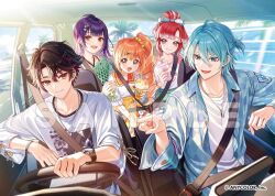  2boys 3girls :d black_hair blue_eyes blue_hair blue_jacket bow bracelet breasts car_interior collared_jacket commentary company_name contrast_collar copyright_notice criss-cross_halter cup day disposable_cup earrings green_shirt green_shorts hair_bow hair_bun hair_ornament halterneck holding holding_cup jacket jewelry kirara_tamako long_sleeves looking_at_viewer michi_(iawei) mole mole_on_breast multicolored_hair multiple_boys multiple_girls nagisa_trout nanase_suzuna necklace nijisanji official_alternate_costume official_art open_clothes open_jacket open_mouth orange_eyes orange_hair outdoors palm_tree pink_shirt pleated_skirt pointing ponytail print_shirt purple_hair purple_streaks red_hair ringlets sakayori_soma sample_watermark saotome_berry seatbelt see-through_clothes see-through_shirt shirt shirt_tucked_in short_ponytail shorts side_ponytail single_hair_bun skirt sleeveless sleeveless_shirt smile speciale_(nijisanji) streaked_hair stud_earrings summer tree violet_eyes virtual_youtuber watch watch watermark white_shirt white_streaks yellow_eyes yellow_skirt 
