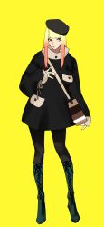  1girl alternate_costume alternate_hair_color bag beret black_coat black_hat black_pantyhose blonde_hair blue_eyes blunt_bangs boots breast_pocket brown_bag chinese_commentary coat fate_(series) fingernails full_body gradient_hair green_boots hat high_collar high_heel_boots high_heels highres lace-up_boots long_hair looking_at_viewer lord_el-melloi_ii_case_files multicolored_hair pantyhose pink_hair pink_lips pink_nails pocket reines_el-melloi_archisorte shoulder_bag simple_background solo tilted_headwear whaaa000 yellow_background 