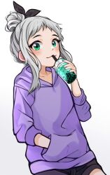  1boy :3 alternate_costume alternate_hairstyle black_ribbon black_shorts blend_s blush bubble_tea casual closed_mouth commentary_request cowboy_shot cup disposable_cup drinking drinking_straw drinking_straw_in_mouth dutch_angle green_eyes green_nails grey_hair hair_bun hair_ribbon hand_in_pocket hand_up highres holding holding_cup hood hood_down hoodie kanzaki_hideri long_sidelocks long_sleeves looking_at_viewer male_focus nail_polish purple_hoodie ribbon short_shorts shorts sidelocks silvee simple_background smile solo standing trap white_background 