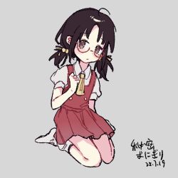  1girl ahoge artist_name ascot bespectacled black_hair blush brown_eyes closed_mouth collared_shirt commentary dated dress expressionless full_body glasses grey_background hair_bobbles hair_ornament hair_ribbon hand_up himitsu_onigiri kaai_yuki kneeling looking_at_viewer low_twintails necktie no_shoes pinafore_dress puffy_short_sleeves puffy_sleeves red-framed_eyewear red_dress ribbon shirt short_sleeves short_twintails signature simple_background sitting sleeveless sleeveless_dress socks solo twintails vocaloid wariza white_shirt white_socks 