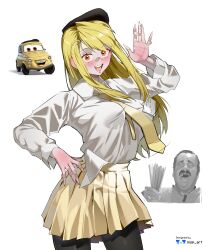  1girl absurdres artist_logo artist_name bandaid bandaid_on_finger bandaid_on_hand black_hat black_pantyhose blonde_hair cars_(movie) collared_shirt hand_on_own_hip hat highres logo motion_lines necktie nisp_art open_mouth orange_eyes original pantyhose personification photo_inset reference_inset shirt shirt_tucked_in skirt vehicle_and_personification white_background white_shirt yellow_necktie yellow_skirt 