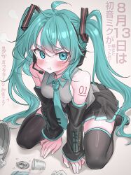  1girl :t absurdres aqua_eyes aqua_hair aqua_necktie black_sleeves black_thighhighs blush breasts closed_mouth commentary_request detached_sleeves grey_shirt hair_between_eyes hatsune_miku headset highres long_hair looking_at_viewer medium_breasts necktie number_tattoo pleated_skirt pout ring_light_reflection shirt skindentation skirt sleeveless sleeveless_shirt solo tattoo thigh-highs thighs translation_request trash_can twintails very_long_hair vocaloid youyume-kun 