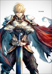  1boy armor artist_name black_pants blonde_hair blue_eyes breastplate cape closed_mouth commentary ex_albio ex_albio_(1st_costume) gloves k-suwabe looking_at_viewer male_focus nijisanji official_artist_extra pants pauldrons plate_armor red_cape short_hair shoulder_armor simple_background solo sword untranslatable_commentary virtual_youtuber weapon white_background 