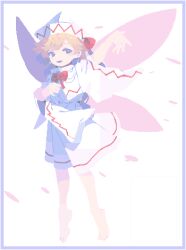  1girl 4qw5 arm_up barefoot blonde_hair blue_border border bow cherry_blossoms commentary_request dress facing_ahead fairy_wings full_body hand_on_own_chest hand_up hat highres lily_white medium_hair no_lineart pixel_art plantar_flexion red_bow sideways_glance smile solo touhou white_background white_dress white_hat wide_sleeves wings 