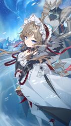  1girl absurdres black_dress blue_eyes brown_hair closed_mouth dress fagio_(genshin_impact) fatui_coat genshin_impact gloves highres humanoid_robot looking_at_viewer outdoors robot sandrone_(genshin_impact) short_hair_with_long_locks standing white_gloves yu-ri_(arium047) 