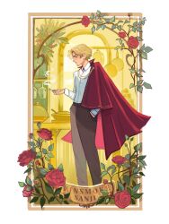  1boy blonde_hair brown_pants cape character_name cigarette commentary english_commentary flower hand_in_pocket highres holding holding_cigarette ludmilacerafoce male_focus one_piece pants profile red_cape red_flower red_rose rose sanji_(one_piece) shirt shirt_tucked_in short_hair smoke solo white_shirt 