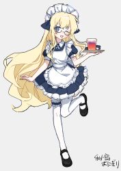  1girl alternate_costume apron black-framed_eyewear black_dress black_shoes blonde_hair blue_dress blue_eyes blush collared_dress commentary cup dress drink frilled_apron frills full_body glass glasses grey_background highres himitsu_onigiri holding holding_tray leg_up lili_(harumaki_gohan) long_hair looking_at_viewer maid maid_apron maid_headdress mary_janes one_eye_closed open_mouth original pantyhose puffy_short_sleeves puffy_sleeves shoes short_sleeves simple_background smile solo standing standing_on_one_leg thigh-highs thigh_strap tray very_long_hair white_apron white_pantyhose white_thighhighs 