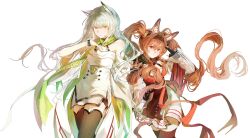  2girls absurdres angelina_(arknights) angelina_the_mellow_wish_(arknights) animal_ear_fluff animal_ears arknights bare_shoulders black_collar black_gloves black_hairband black_thighhighs breasts brown_eyes brown_hair cat_ears cat_girl chinese_commentary closed_mouth collar commentary_request detached_sleeves dress feet_out_of_frame floating_hair fox_ears fox_girl gloves green_eyes hair_between_eyes hairband hand_up highres infection_monitor_(arknights) kal'tsit_(arknights) kal'tsit_esperanta_(arknights) long_hair long_sleeves looking_at_viewer medium_breasts multiple_girls pleated_dress short_dress simple_background smile standing thigh-highs twintails very_long_hair wangyue_tong white_background white_dress white_hair 