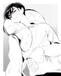  1boy alien_stage border closed_mouth collarbone fang fang_out grey_background greyscale highres ivan_(alien_stage) long_sleeves looking_at_viewer male_focus monochrome outside_border red_pupils remmews short_hair simple_background smile solo spot_color white_border 