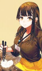  1girl bench blush bowl breasts brown_eyes brown_hair brown_shirt chain chain_necklace chopsticks closed_mouth collared_shirt commentary_request cowboy_shot earrings eating eyelashes food food_focus glutton hand_up high-waist_skirt highres holding holding_chopsticks id_card jewelry jun_(navigavi) lanyard large_breasts lips long_hair long_sleeves looking_at_viewer necklace nose on_bench original pout rice shirt shirt_tucked_in sidelocks simple_background sitting skirt solo standing table triangle_earrings wooden_bench wooden_table yellow_background yellow_skirt 
