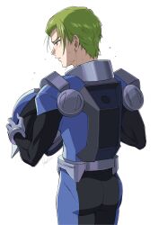  1boy ass blue_eyes blush commentary_request dripping from_behind gloves green_eyes green_hair grey_gloves gundam gundam_seed hair_behind_ear hair_slicked_back helmet highres holding kamuraaa_615 looking_down looking_to_the_side male_focus mecha_pilot_suit parted_lips profile science_fiction shani_andras short_hair signature simple_background solo standing sweat sweatdrop toned toned_male unworn_headwear unworn_helmet water_drop wet white_background 