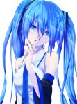  bare_shoulders blue_eyes blue_hair daburu detached_sleeves finger_to_mouth hatsune_miku long_hair looking_at_viewer monochrome nail_polish necktie solo twintails vocaloid 