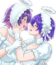  2girls alternate_costume bare_shoulders belle_(zenless_zone_zero) black_hair blue_hair blush closed_eyes collarbone colored_inner_hair commentary_request detached_sleeves dress ellen_joe frilled_hairband frills gloves hairband halo hand_on_another's_cheek hand_on_another's_face highres looking_at_another miyabidai multicolored_hair multiple_girls pink_nails red_eyes red_hair short_hair short_sleeves simple_background teeth upper_teeth_only white_background white_dress white_gloves white_hairband white_halo yuri zenless_zone_zero 