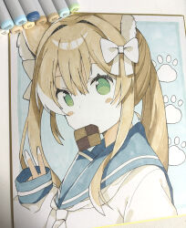  1girl animal_ear_fluff animal_ears art_tools_in_frame blue_sailor_collar blush_stickers bow brown_hair checkerboard_cookie commentary_request cookie food food_in_mouth green_eyes hair_between_eyes hair_bow hand_up highres long_hair long_sleeves mouth_hold original photo_(medium) puffy_long_sleeves puffy_sleeves sailor_collar school_uniform serafuku shikishi shirt sleeves_past_wrists solo tantan_men_(dragon) traditional_media upper_body v white_bow white_shirt 
