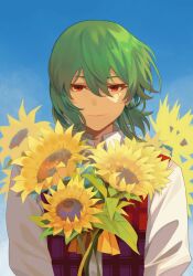  1girl ascot closed_mouth collared_shirt commentary_request flower green_hair hair_between_eyes highres holding holding_flower kazami_yuuka long_sleeves looking_at_viewer medium_hair onionmay open_clothes open_vest plaid_clothes plaid_vest red_eyes red_skirt red_vest shirt skirt smile solo sunflower touhou upper_body vest white_shirt yellow_ascot yellow_flower 